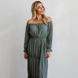 New Baltic Born Isabel Dark Sage Off Shoulder Maxi Dress - Sz. S